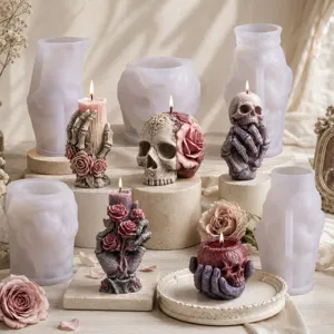 Halloween Crâne Squelette Main Rose Bougie Aromathérapie Moule en Silicone Style Sombre Gothique DIY Artisanat Savon Plâtre Fabrication