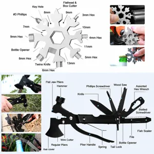 Detailed view of the 18-in-1 snowflake wrench and 14-in-1 multi-tool hammer features.