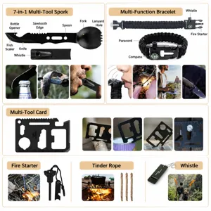 Outdoor survival tool set detail showing multi-tool knife, bracelet, and emergency gear.