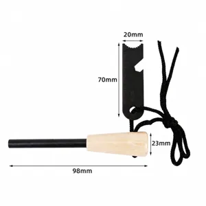 Outdoor survival fire starter with wooden handle and multi-function magnesium rod scraper.