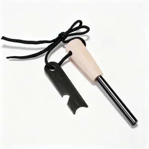 Outdoor survival fire starter detail view, solid wood handle with magnesium rod and metal striker.
