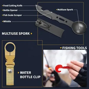 Details van de outdoor survival multitoolset, inclusief lepelvork, mes en flesopener voor camping.
