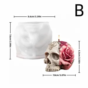 Moule en silicone bougie rose crâne d'Halloween et bougie finie vue en détail.