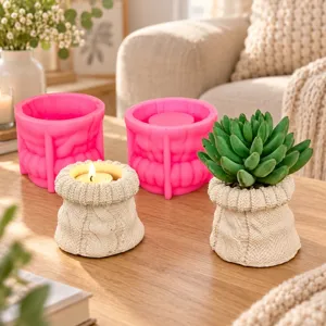 Closeup showing silicone mold and knitted texture candle holder pot in cozy home decor setup.