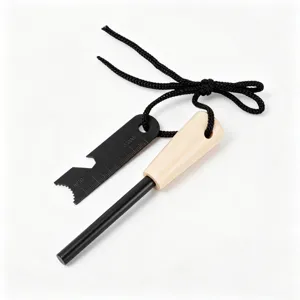 Outdoor survival magnesium fire starter with solid wood handle and portable metal striker.