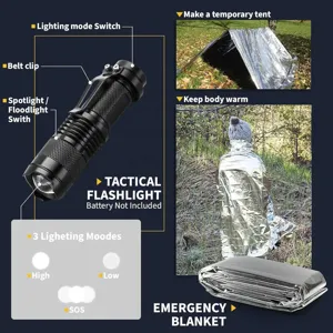 Tactische zaklamp en nooddeken set, outdoor survival uitrusting voor kamperen en wandelen.