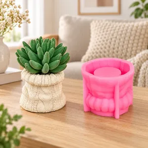 Detailed view of knit texture silicone mold and finished flower pot on a wooden table.