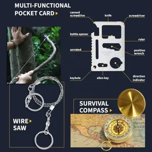Outdoor survival uitrusting 16-in-1 camping multitool set met zakkaart, draadzaag en kompas.