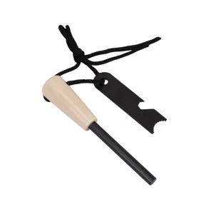 Outdoor survival wooden handle magnesium rod fire starter, portable camping tool detail view.
