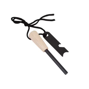 Outdoor survival wooden handle magnesium fire starter rod with metal scraper and black lanyard.