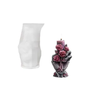 Moule en silicone de main de squelette d'Halloween et bougie parfumée rose fait main