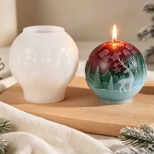 Christmas deer scented candle silicone mold and finished sphere candle product detail view.
