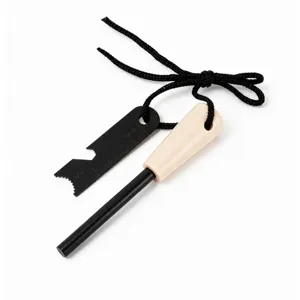 Outdoor survival wood handle fire starter magnesium flint rod with multi-function scraper tool