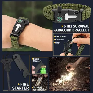 6-in-1 survival paracord armband met ingebouwd kompas en vuurstarter voor buiten kamperen.