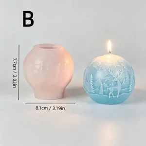 Detailed view of Christmas deer scented candle mold and finished sphere candle with dimensions.