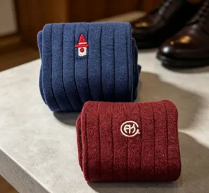 Detailed view of thick merino wool winter warm men dress socks with ribbed knit texture.