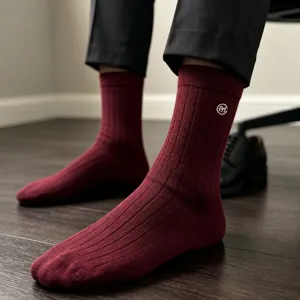 Men's burgundy merino wool crew socks, ribbed knit winter warm business dress socks.