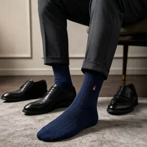 Men's merino wool thermal winter business mid-calf ribbed socks in dark blue color.