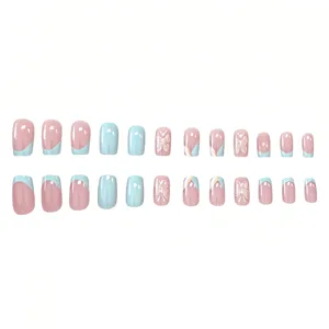 24pcs Medium Long Square Press-on Nails French Pink Blue Butterfly Cute Fake Nail Art Set