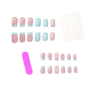 24pcs press on nails cute fresh french style butterfly design medium square fake nails tool