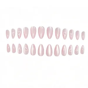 24pcs Pink Cat Eye Press On Nails Long Almond False Nails with White Hearts and Bows Design