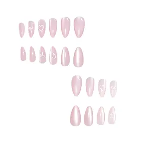 24pcs pink cat eye long almond press on nails featuring cute white heart and bow designs.