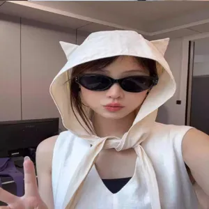 Y2K cute demon horn balaclava hat detail, chic white tie-up headscarf cap for women
