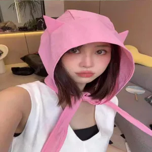 Pink Y2K devil horn hooded hat for women, cute dark style headscarf cap for summer daily wear.