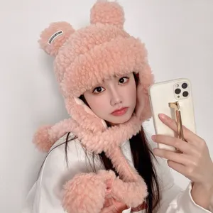 Bonnet oreilles d'ours en peluche rose hiver chaud laine d'agneau mignon rabats