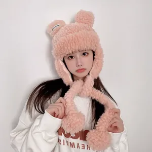 Mignon bonnet d'oreilles d'ours en peluche laine d'agneau hiver chaud doux mode pour femmes.