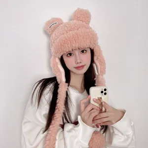 Joli bonnet en peluche rose avec oreilles d'ours chapeau d'hiver chaud pour les femmes.