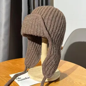 Autumn winter thick knitted ushanka hat warm earflap beanie stylish casual brown hat for women