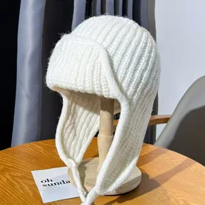 White knitted bomber hat for women, thick warm winter ear protection cap with braided ties.