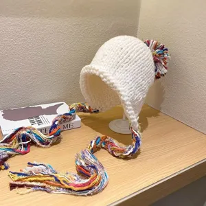 chunky knit beanie hat with colorful tassel braided earflap warm winter cap for women