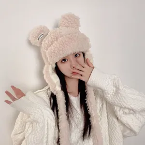 Joli bonnet en peluche avec oreilles d'ours pour femme, bonnet d'hiver chaud et doux.