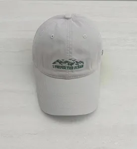 Casual grey baseball cap with green mountain and ocean embroidery for men and women stylish.