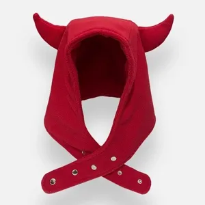 Pasamontañas de felpa rojo con cuernos de diablo gorro de invierno cálido con botones