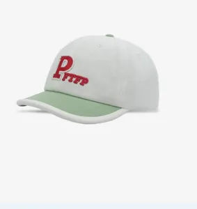 White and light green baseball cap with red embroidered letters, perfect for spring and summer.