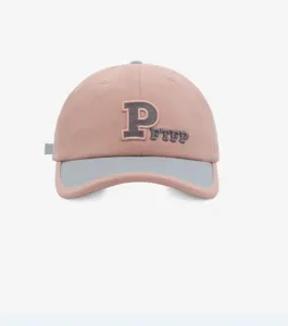 Pink baseball cap with contrast grey brim and embroidered letter P design for spring summer season.