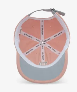 Pink baseball cap interior detail view showing inner taping, adjustable strap, and brim.