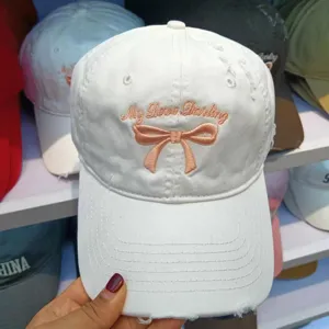Korean sweet bow cotton baseball hat for women casual stylish adjustable white sun cap