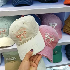 Korean sweet bow baseball cap cotton distressed duckbill hat stylish casual sun hat