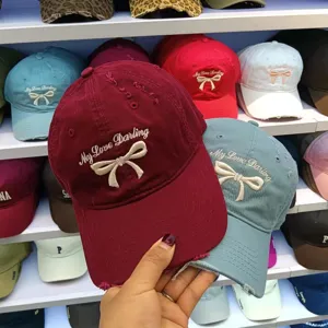 Korean sweet bow baseball cap cotton fashion duckbill hat detail view for women.