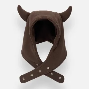 Pasamontañas de lana polar marrón con cuernos de diablo gorro de invierno cálido felpa mujer