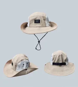 Detail view of the color-blocking summer outdoor sun hat with breathable mesh and chin cord.