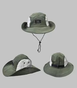 Color-block safari bucket hat with chin strap and back buckle, multi-angle view showing details.