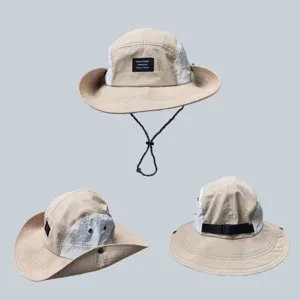 Unisex Summer Colorblock Bucket Hat Breathable Quick Dry Outdoor Sun Protection Fisherman Cap With Windproof Cord