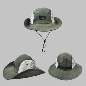 Green and white colorblock bucket hat with adjustable chin strap, breathable sun hat outdoor.