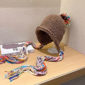 Colorful tassel knitted beanie hat for women autumn winter warm fashion pullover cap.