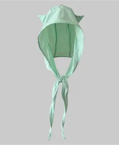 Detail view of the mint green Y2K devil horn headscarf hat with cute ties and unique style.